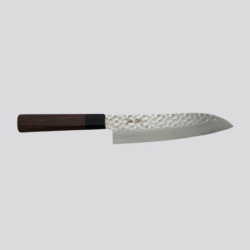 OUL 10A Damascus tsuchime santoku 180mm